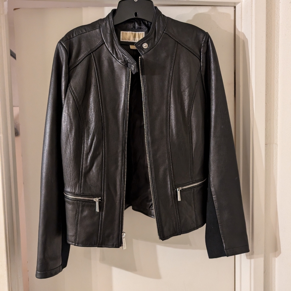 Michael Kors black leather jacket women size large